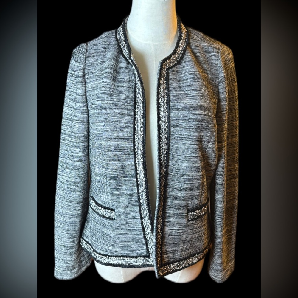Talbots Tweed Open Front Fringe Trim Blazer Medium Petite Gray Black & White